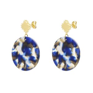 Oorbellen klaver met cirkel - goud/blauw