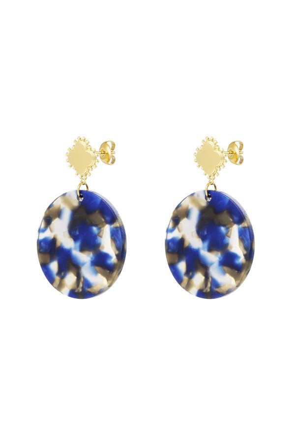 Oorbellen klaver met cirkel - goud/blauw