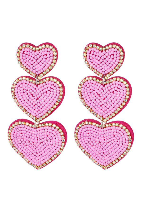 Oorbellen kralen 3 x hart - roze Fuchsia Glas