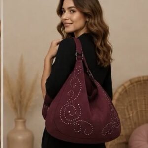 Suedine tas met studs Bordeaux